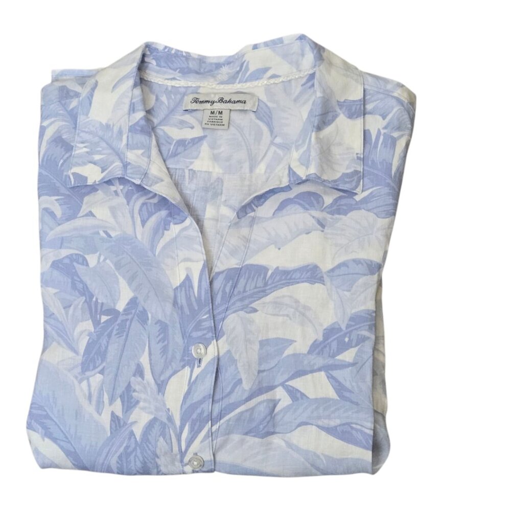 Tommy Bahama Linen Shirt Women's M White Light Blue Tropical Print Button Front - Picture 8 of 8